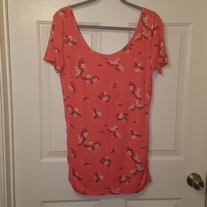 Maurices Coral Short Sleeve Floral Tee with Rouched Sides